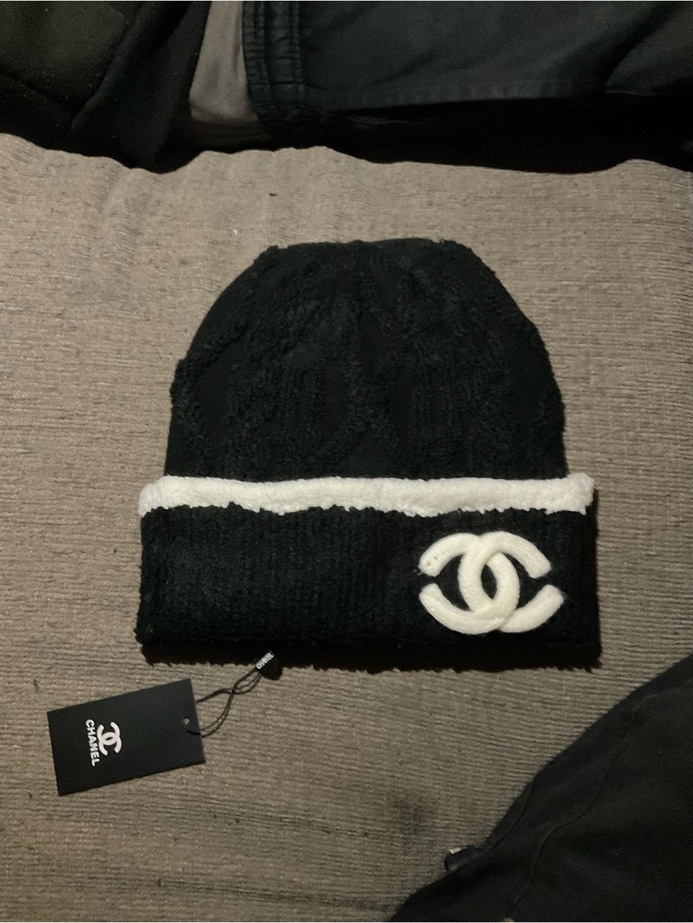 CHANEL Black and White CC Patch Knit Cuffed Beanie